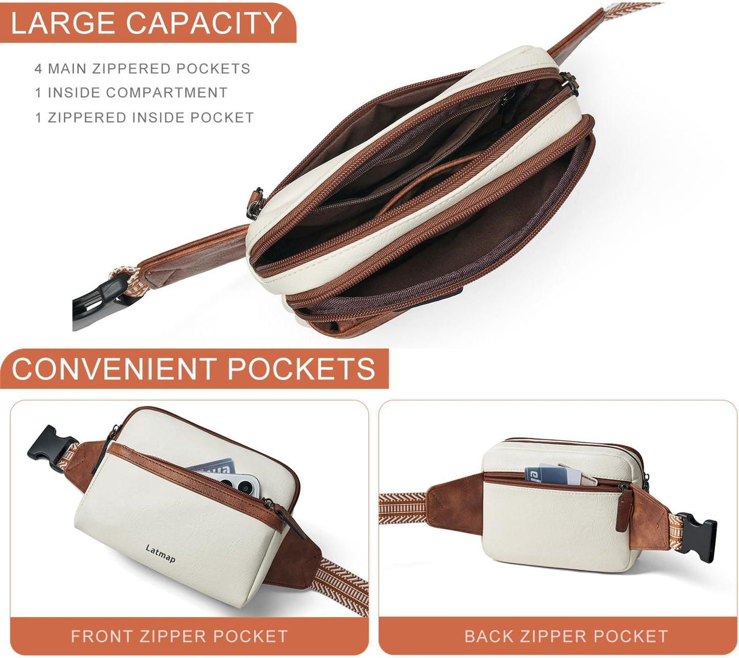 LATMAP 3L Fanny Pack Crossbody Bags for Women Men 4-Zipper Pockets Belt Bag Sling Waist Pack Faux Leather Chest Bag Purse Beige