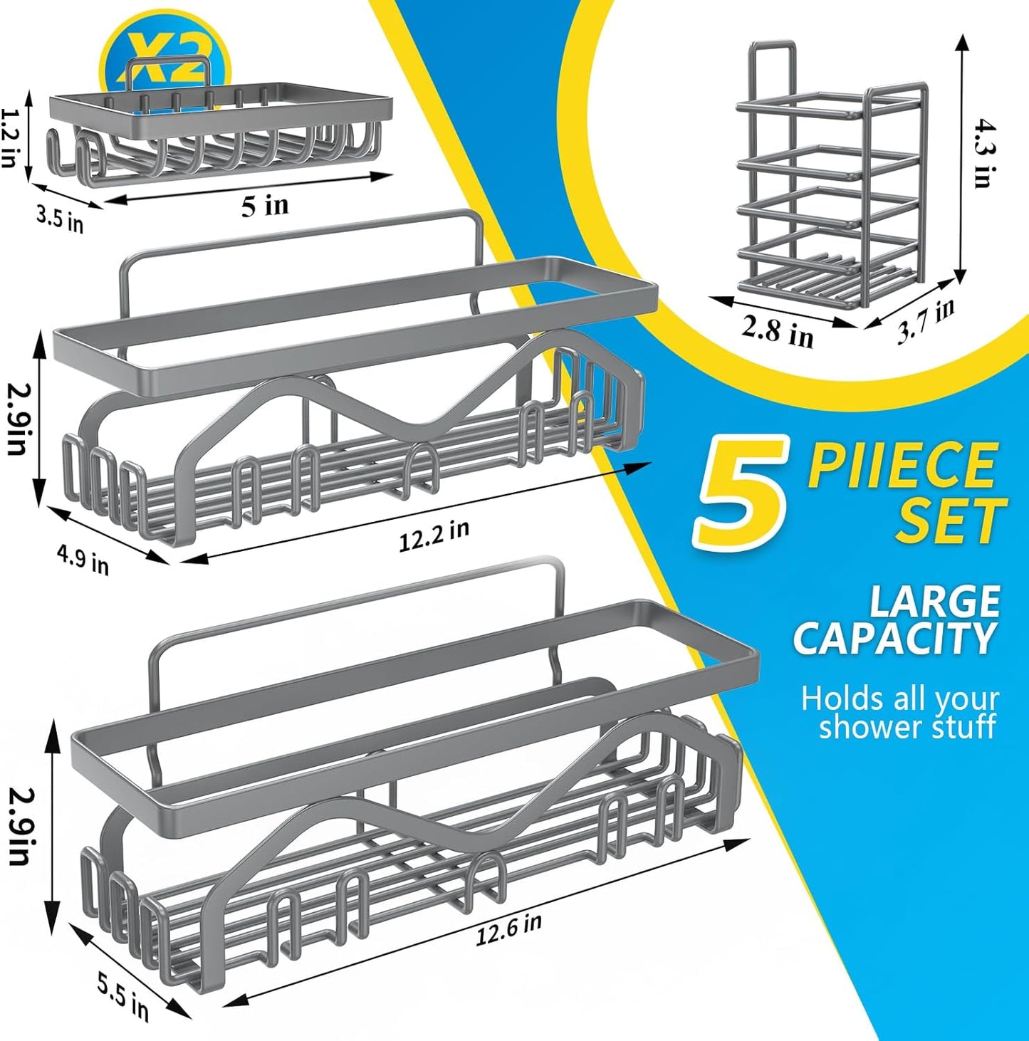 Coraje Adhesive Shower Caddy, 5-Pack Shower Shelves, Large Capacity Load Bearing 40 LBS Shower Organizer, No Drilling Shower Shelf, Rustproof Stainless Steel Bathroom Shower Storage, Black