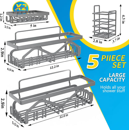 Coraje Adhesive Shower Caddy, 5-Pack Shower Shelves, Large Capacity Load Bearing 40 LBS Shower Organizer, No Drilling Shower Shelf, Rustproof Stainless Steel Bathroom Shower Storage, Black