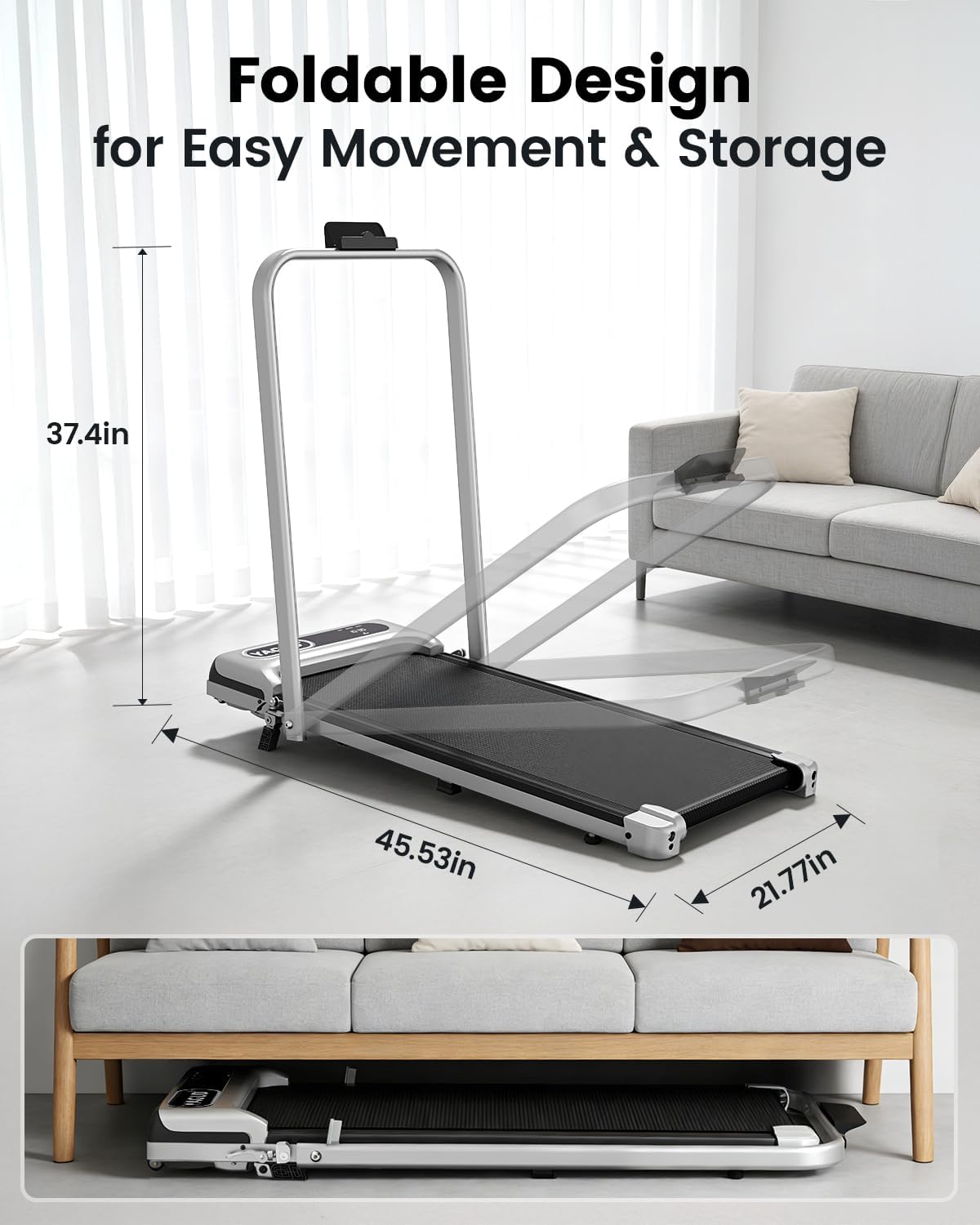 Yagud Walking Pad with 8% Incline, 3 in 1 Treadmill for Home & Office, 2.5HP Under Desk Treadmill with Handle, Portable Treadmill with Remote Control & Led Display, No Installation