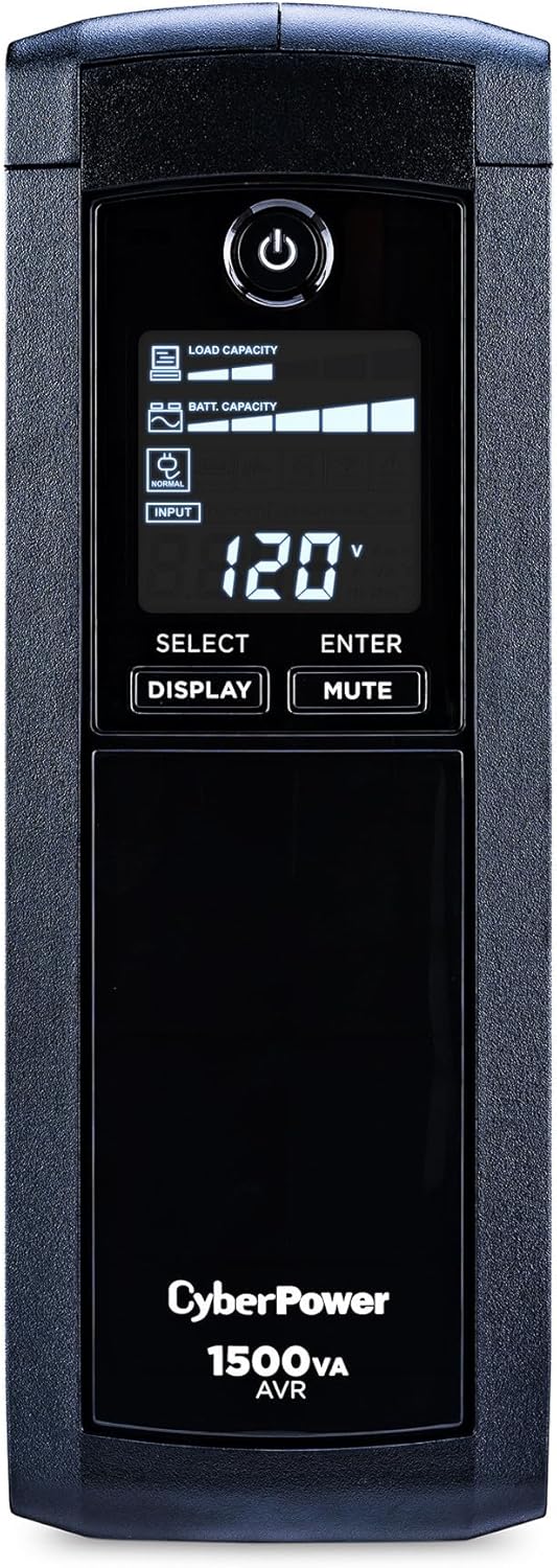 CyberPower CP1500AVRLCD3 Intelligent LCD UPS System, 1500VA/900W, 12 Outlets, 2 USB Ports, AVR, Mini Tower, Black