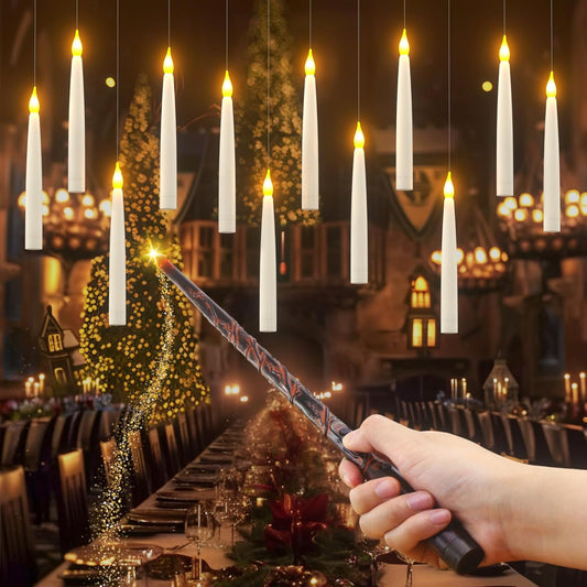 PChero Floating Candles with Wand Remote & Timer, 12pcs Magic Hanging Candles, Battery Operated Flameless Flickering LED Warm Light Taper Candles Set for Halloween Christmas Decoration