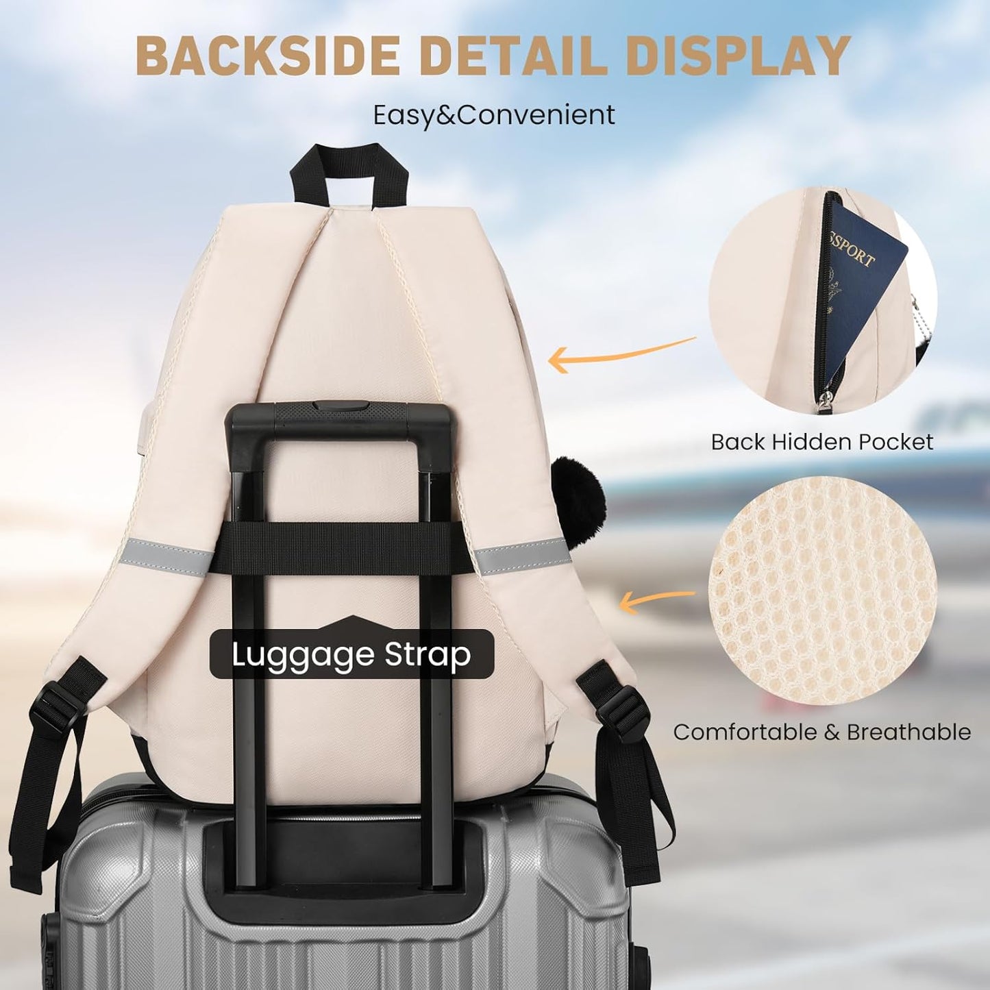 WINDARS School Backpack for Teen Girls, Cute College Backpacks for Women Students Aesthetic Bookbag Large 15.6 Inch Laptop Bag Middle School Travel Back Pack (Khaki Beige)