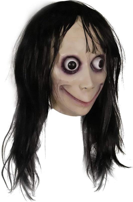 molezu Creepy Mask, Scary Challenge Games Evil Latex Mask with Long Hair, Halloween Costume Party Props
