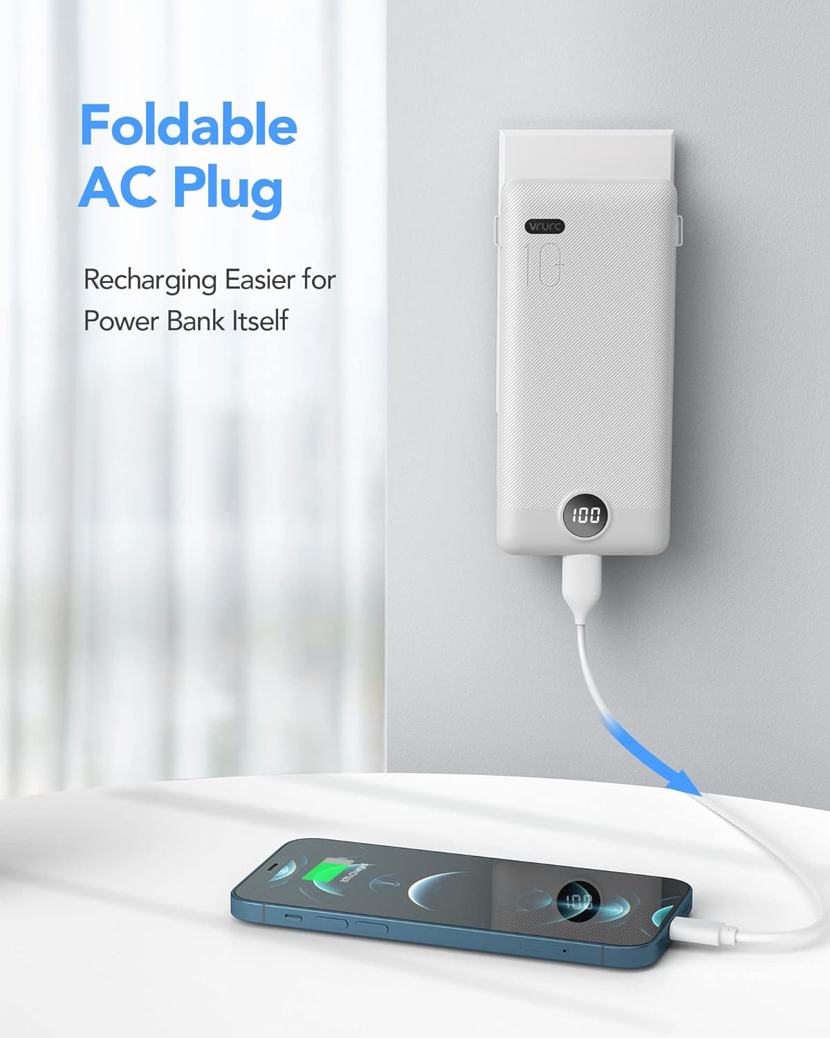 Portable Charger Built-in Cables and AC Wall Plug, VRURC USB C Power Bank 10000mAh, [2025 Upgraded Version] Phone Charger Compact Lightweight External Battery Pack for Smart Phones,Navy Blue