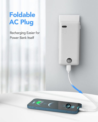 Portable Charger for iPhone, 10000mAh Power Bank with Built-in Cables & AC Wall Plug, USB C Phone Charger 5 Output External Battery Pack Compatible with iPhone Samsung Google Pixel Android -White