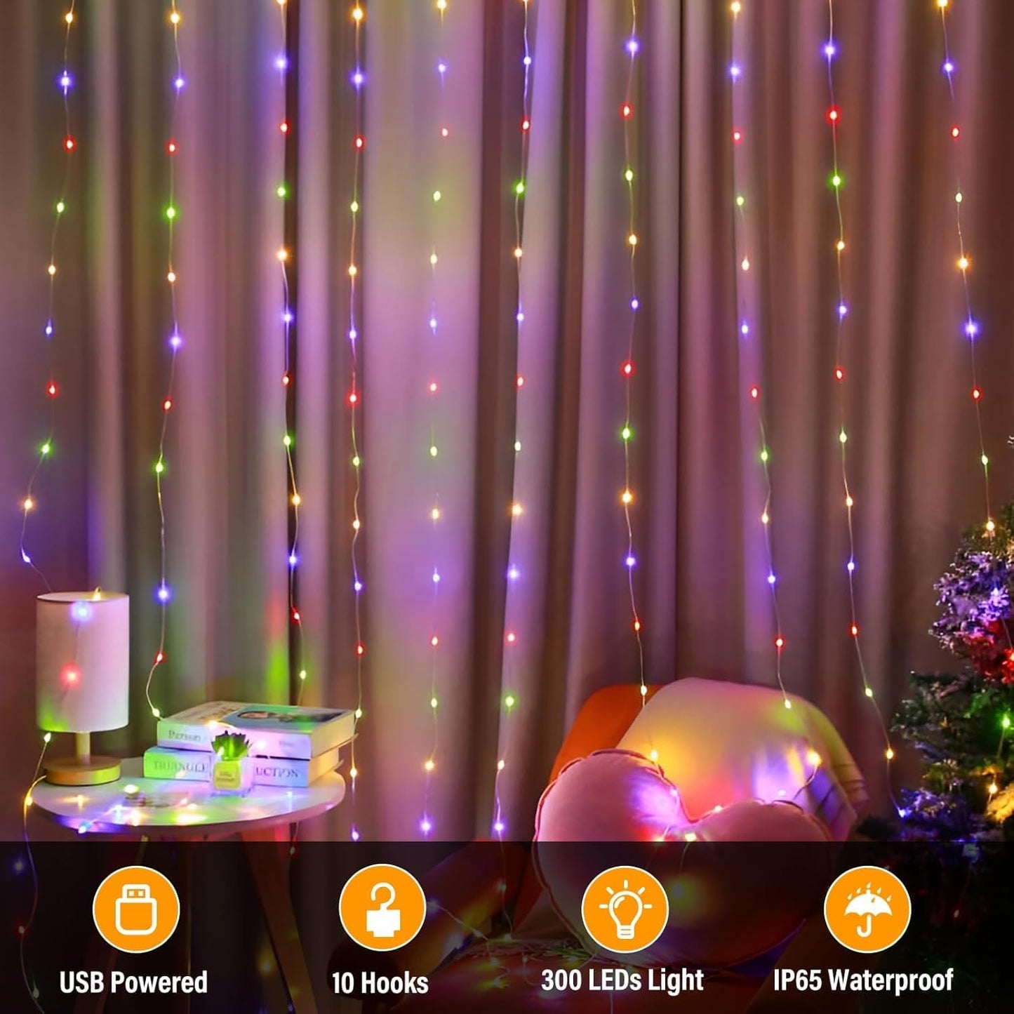 2 Pack Fairy Curtain Lights, Total 600 LED USB Plug in 8 Modes 9.8x9.8Ft Christmas String Hanging Lights with Remote for Bedroom, Indoor, Outdoor, Weddings, Party, Wall, Decorations, Warm White