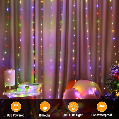 2 Pack Fairy Curtain Lights, Total 600 LED USB Plug in 8 Modes 9.8x9.8Ft Christmas String Hanging Lights with Remote for Bedroom, Indoor, Outdoor, Weddings, Party, Wall, Decorations, Warm White