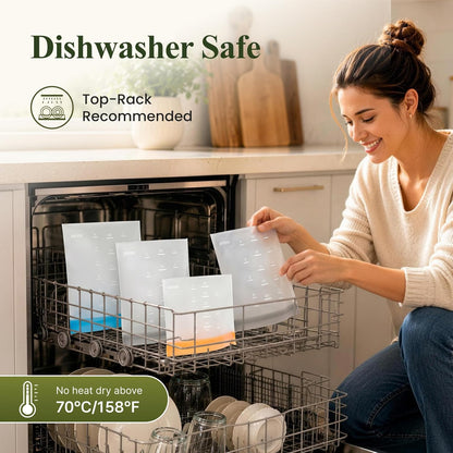 Dishwasher Safe Reusable Storage Bags Stand Up - BPA Free PEVE Reusable Sandwich Bags - Leakproof Gallon Freezer Bags, Silicone Food Storage Bags (20 Pack- 6Gallon+6Sandwich+8Snack)