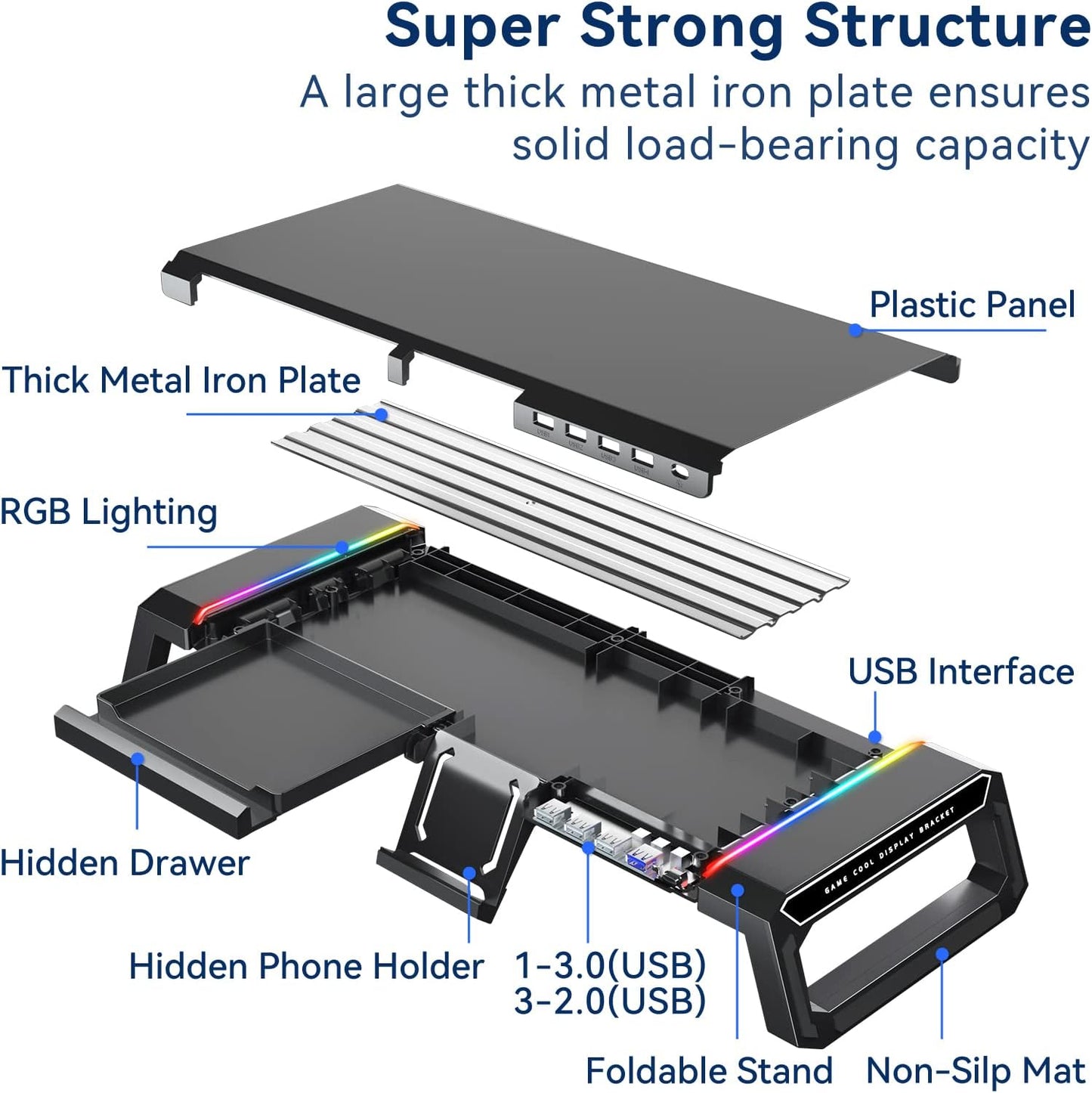 RGB Monitor Stand Riser with USB Hub, Adjustable Computer Monitor Stand with Storage Drawer and Phone Holder, Ergonomic Desktop Screen Riser for Office and Gaming Setup - PuriLite