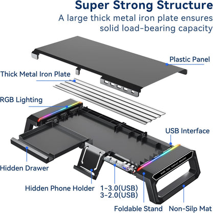 RGB Monitor Stand Riser with USB Hub, Adjustable Computer Monitor Stand with Storage Drawer and Phone Holder, Ergonomic Desktop Screen Riser for Office and Gaming Setup - PuriLite