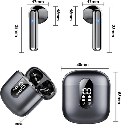Wireless Earbuds, Bluetooth 5.3 Headphones HiFi Stereo, Mini in-Ear Bluetooth Earbuds, Wireless Earphones with 4 ENC Noise Cancelling Mic, IP7 Waterproof, LED Display, Touch Control Ear Buds, Black