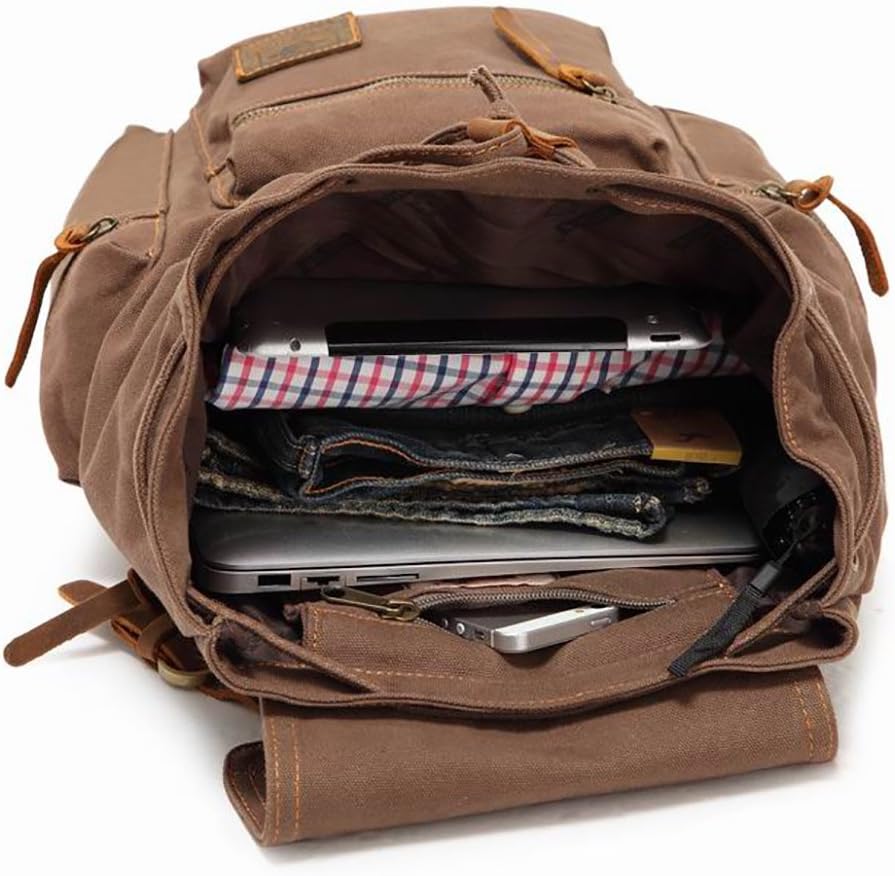 AUGUR Canvas Backpack,17 inch Laptop Backpack Vintage Canvas Leather Backpacks Casual School College Bag Pack Bookbag Hiking Travel Rucksack Daypack (L-Coffee)