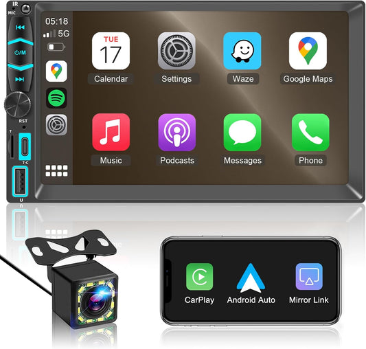 KMUTZY 7" Wireless Double Din Car Stereo，Apple Carplay Radio Screen for Car Audio Receivers, Bluetooth Car Play Android Auto Touchscreen, Mirror Link, Backup Camera, SWC, AM/FM, AirPlay, Type-C