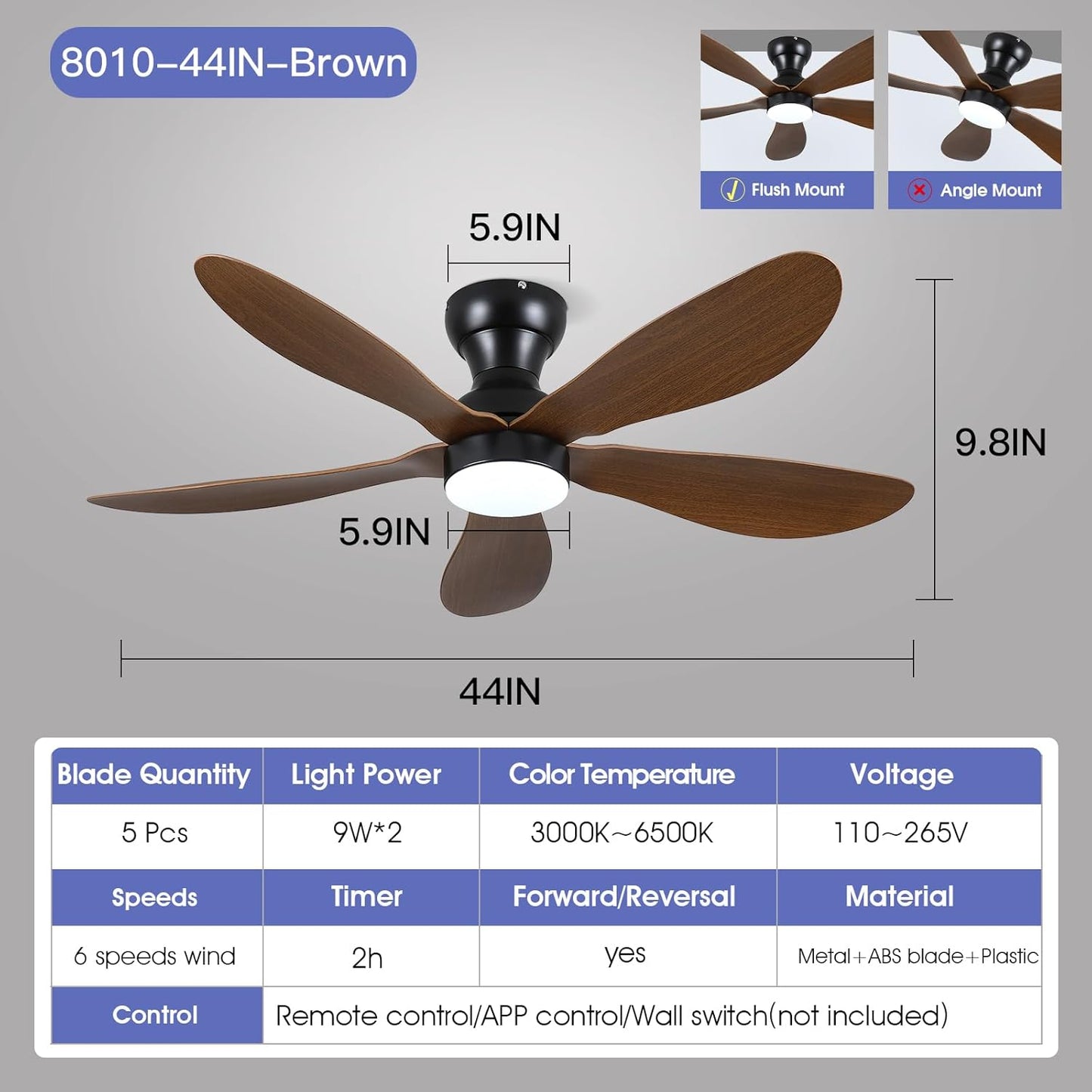Modern Ceiling Fans with Lights Remote/APP Control, 29" Flush Mount Ceiling Fans with 3 CCT Dimmable Lights, Low Profile Ceiling Fans with 5 Propeller Blades LED Lights for Kids Room Bedroom, Brown - PuriLite