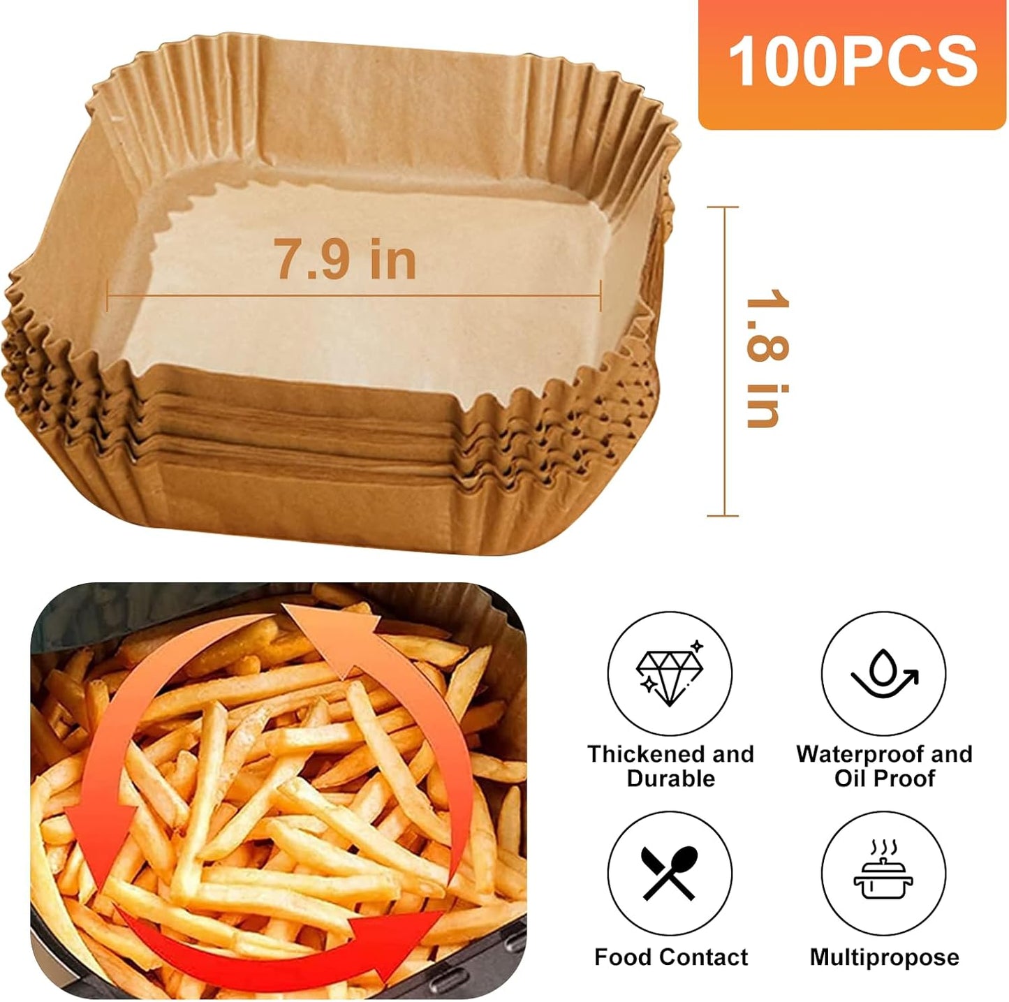 Air Fryer Liners,100Pcs 8.6" Square Air Fryer Parchment Paper Liners for 3 to 8 QT Baskets, Non-Stick & Oil Proof and Food Grade Baking Alternative to Foil for Easy Cleanup