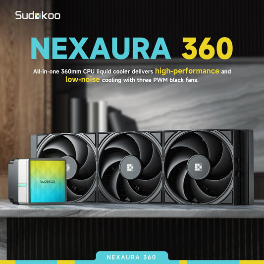 Sudokoo NEXAURA 360 Liquid CPU Cooler: 360mm AIO CPU Cooler with PWM Pump & ARGB Pump Head - Water Cooling with FDB Fans for Intel LGA 1851/1700/1200/115X AMD AM5/AM4 - Black