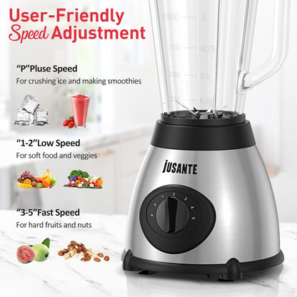 JUSANTE Smoothie Blender, 1000W Professional Kitchen Blender with Glass Jar for Shakes & Smoothies High Speed Countertop Blender for Ice Frozen Drinks