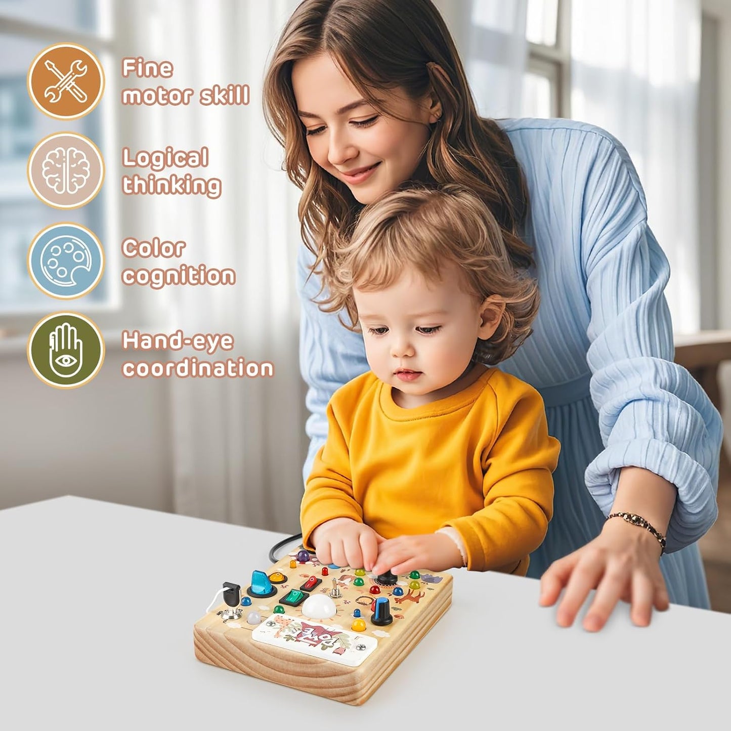 Joyreal Montessori Busy Board Wooden Sensory Toys for Toddler with LED Light Up Switch, Baby Fidget Board Travel Toys for 18+ Months, Boys Girls Birthday