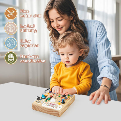 Joyreal Montessori Busy Board Wooden Sensory Toys for Toddler with LED Light Up Switch, Baby Fidget Board Travel Toys for 18+ Months, Boys Girls Birthday
