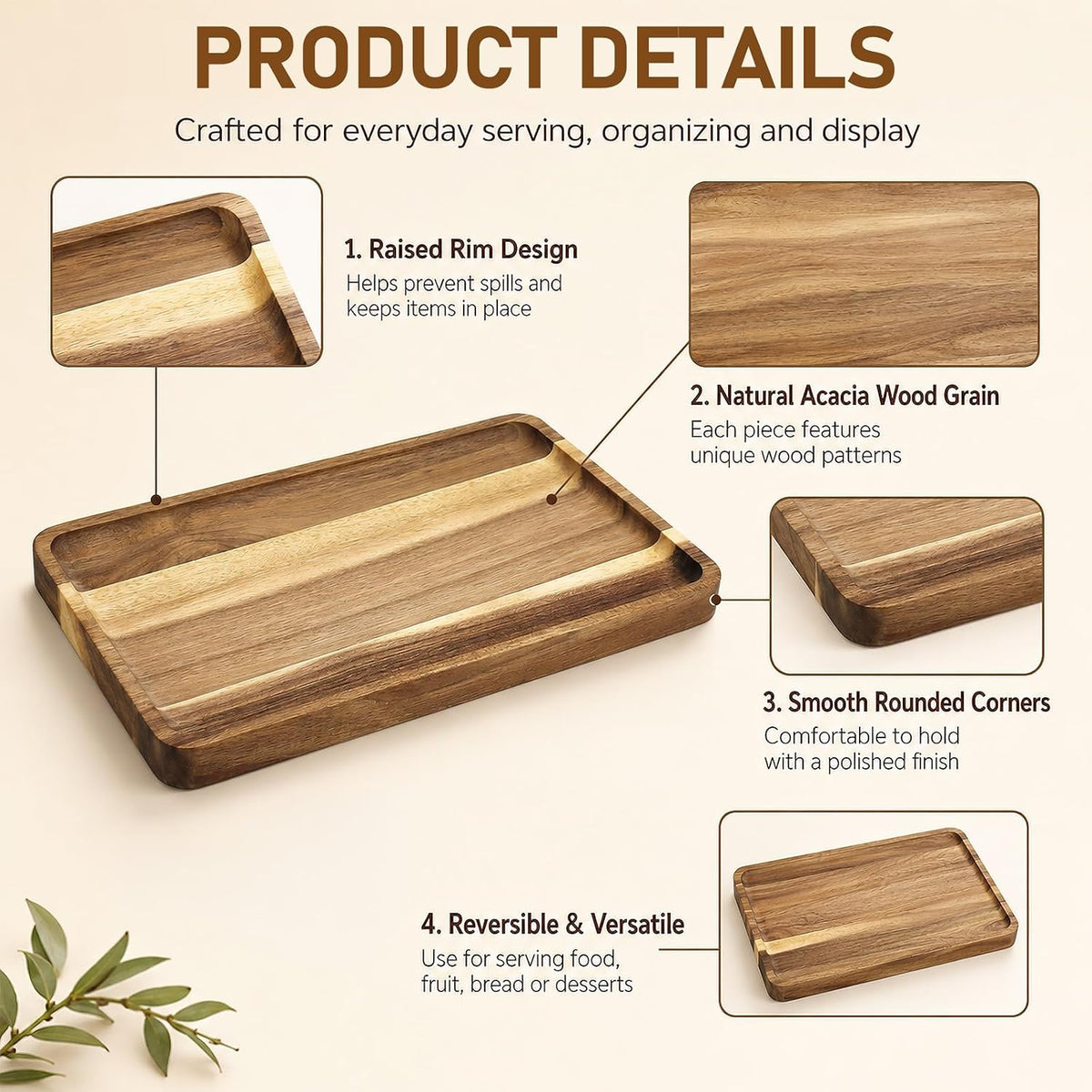 6 Pack Acacia Wood Serving Trays, Wooden Serving Platters in 3 Sizes, Rectangular Wood Food Trays for Bread Fruit Dessert Snack Coffee Table Countertop Kitchen Serving Board