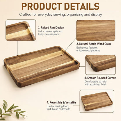 6 Pack Acacia Wood Serving Trays, Wooden Serving Platters in 3 Sizes, Rectangular Wood Food Trays for Bread Fruit Dessert Snack Coffee Table Countertop Kitchen Serving Board