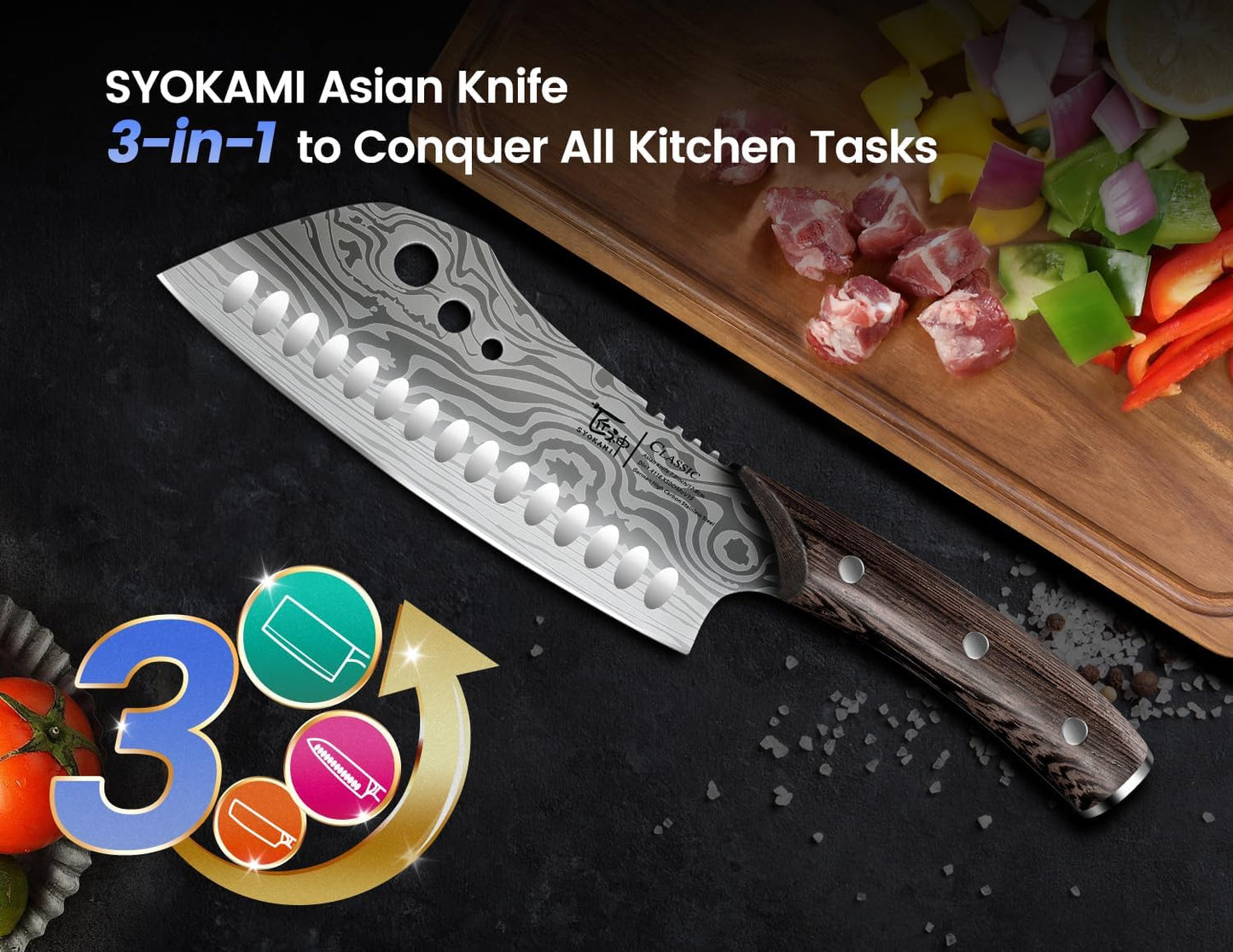 SYOKAMI Meat Cleaver Chef Knife, 7.7 Inch Multifunction Butcher Knife with Herb Stripper and Sheath, Chinese Cleaver Heavy Duty Bone Chopper, Meat Cutting, Damascus Pattern Full Tang Wood Handle