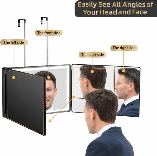 XIGETRAIL Rechargeable 3 Way Mirror for Self Hair Cutting with 3 Color Temps LED Light & Telescoping Hooks for Makeup, Shaving & Styling - 360 Mirror