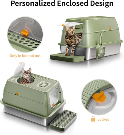 Eosarcu Stainless Steel Cat Litter Box with Lid, 180° Flip-Top XL Extra Large Enclosed Litter Box, Covered Metal High Sided Litter Pan with Steps & Scoop, Easy Cleaning, Odor Control,Non-Sticky-Black