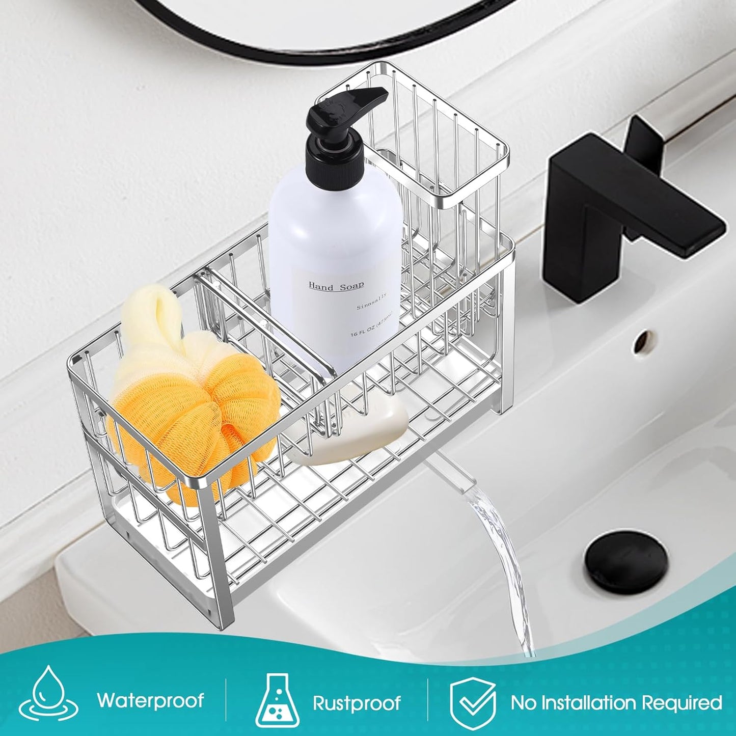 Sinnsally Kitchen Sponge Holder,2 Tier Sink Caddy Organizer with High Brush Holder,Stainless Steel Sink Box Dish Scrubber Holder,Soap Tray for Kitchen Counter Accessories & Storage Rack (Black)