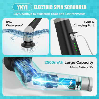 YKYI Electric Spin Scrubber,Cordless Electric Cleaning Brush,Shower Scrubber with 8 Replaceable Brush Heads,Power Scrubber 2 Adjustable Speeds,Bathroom Brush with Long Handle for Bathtub,Tile,Floor
