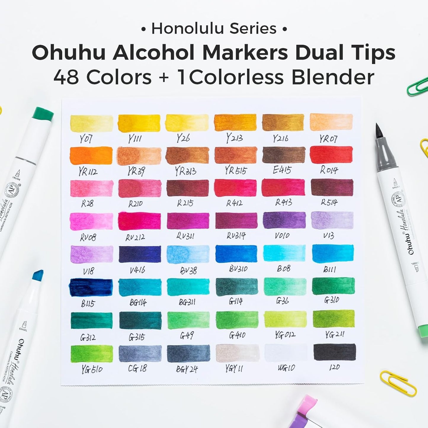 Ohuhu 48 Color Alcohol Markers Brush Tip: Double Tips Drawing Marker for Adults Artists Coloring Books Soft Tip Markers 1 Alcohol-based Marker Blender, Brush & Chisel- Honolulu Art Pen Gift - PuriLite