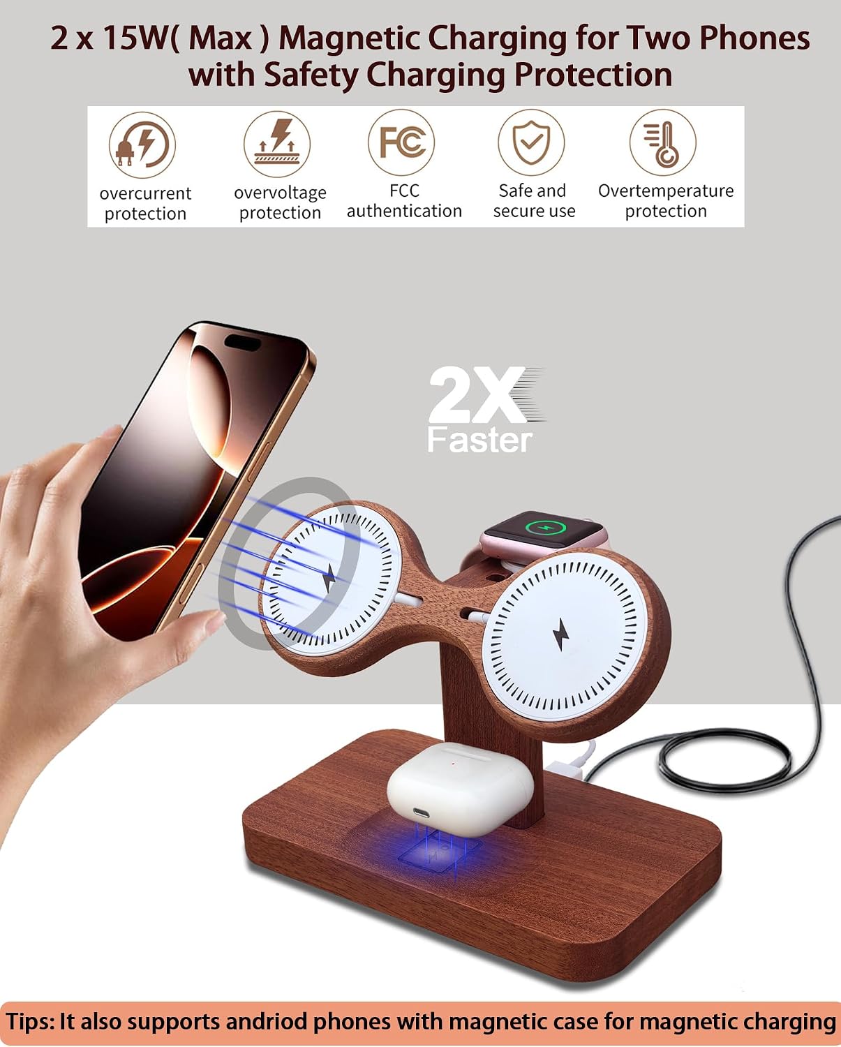 Magnetic Dual Wireless Charger for Smart Phone Multiple Devices, Two Phone Charging Station & Smart Watch
