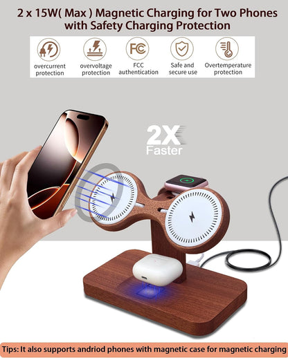 Magnetic Dual Wireless Charger for Smart Phone Multiple Devices, Two Phone Charging Station & Smart Watch