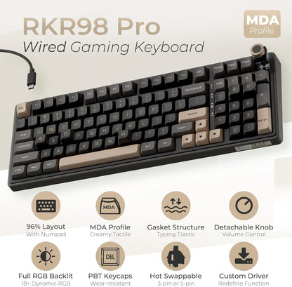 RK ROYAL KLUDGE R98 Pro Mechanical Gaming Keyboard, 96% Wired Creamy Keyboard RGB Backlit with Number Pad and Volume Knob, Gasket Mount, MDA Profile PBT Keycaps, Hot Swappable Pre-lubed Tactile Switch
