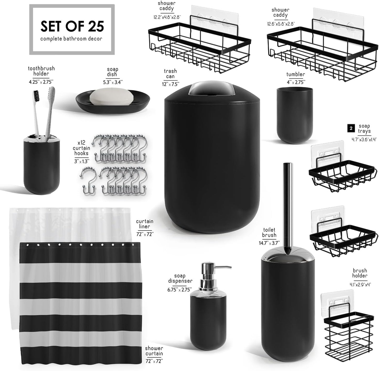 Clara Clark Bathroom Set - Gray Bathroom Accessories Set, Bathroom Sets with Shower Curtain and Rugs, 23PC Shower Curtain Set with Liner, Soap Dispenser, Soap Dish, Toilet Brush Holder, and Trash Can