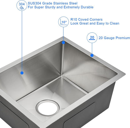 MENATT 20-inch Undermount Kitchen Sink, SUS304 Stainless Steel Handmade Single Bowl Kitchen Sink with Sink Strainer (Brushed), 20"x16"x9"