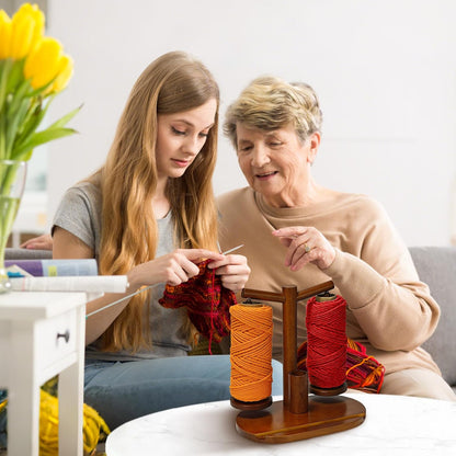 Wooden Yarn Holder for Crocheting and Knitting (Brown) | Upgraded Magnetic Rotating Spinner with 2 Spindles, Ideal Gift for Craft Enthusiasts