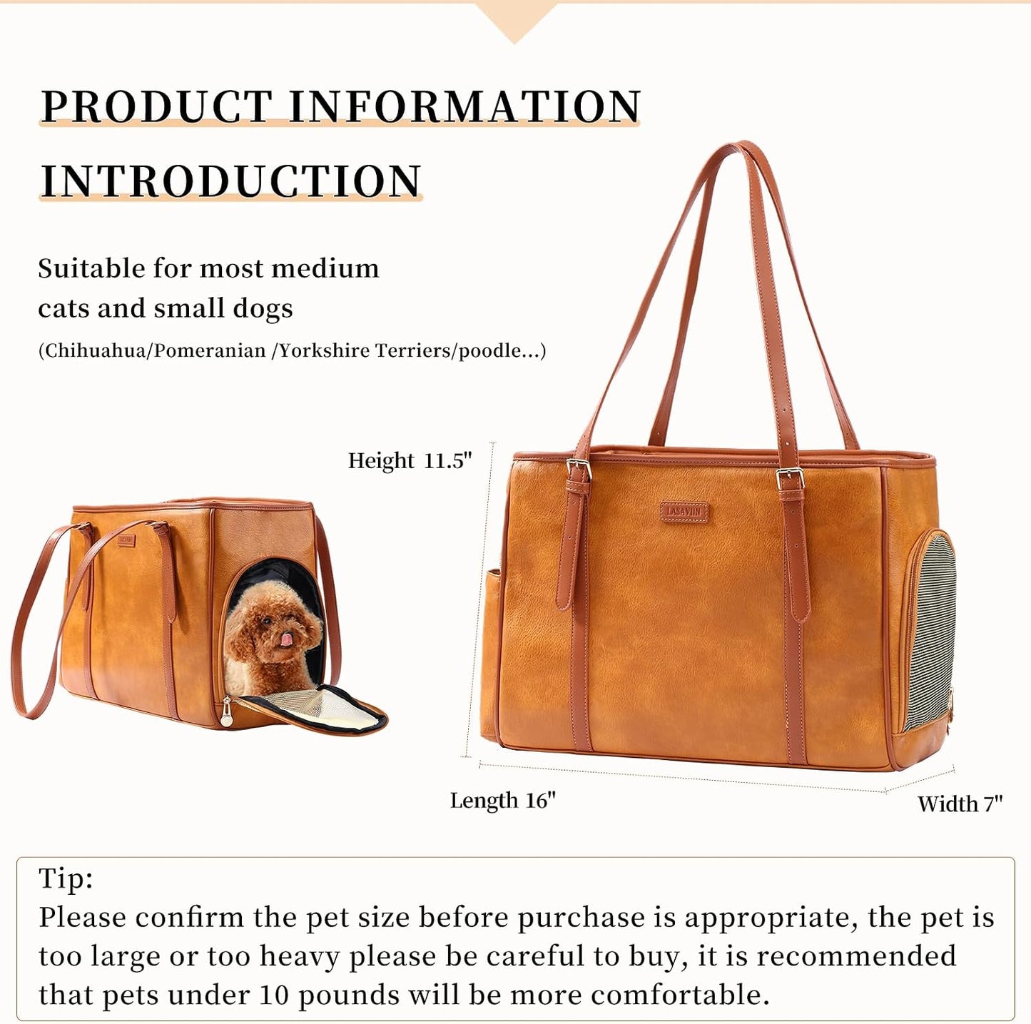 Lasaviin Fashion Dog Purse Pet Carrier Leather Bag for Small Dogs Cats Puppy, Portable Tote Bag Airline Approved Soft-Sided Carriers (Brown)
