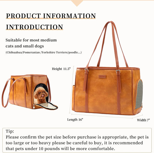 Lasaviin Fashion Dog Purse Pet Carrier Leather Bag for Small Dogs Cats Puppy, Portable Tote Bag Airline Approved Soft-Sided Carriers (Brown)