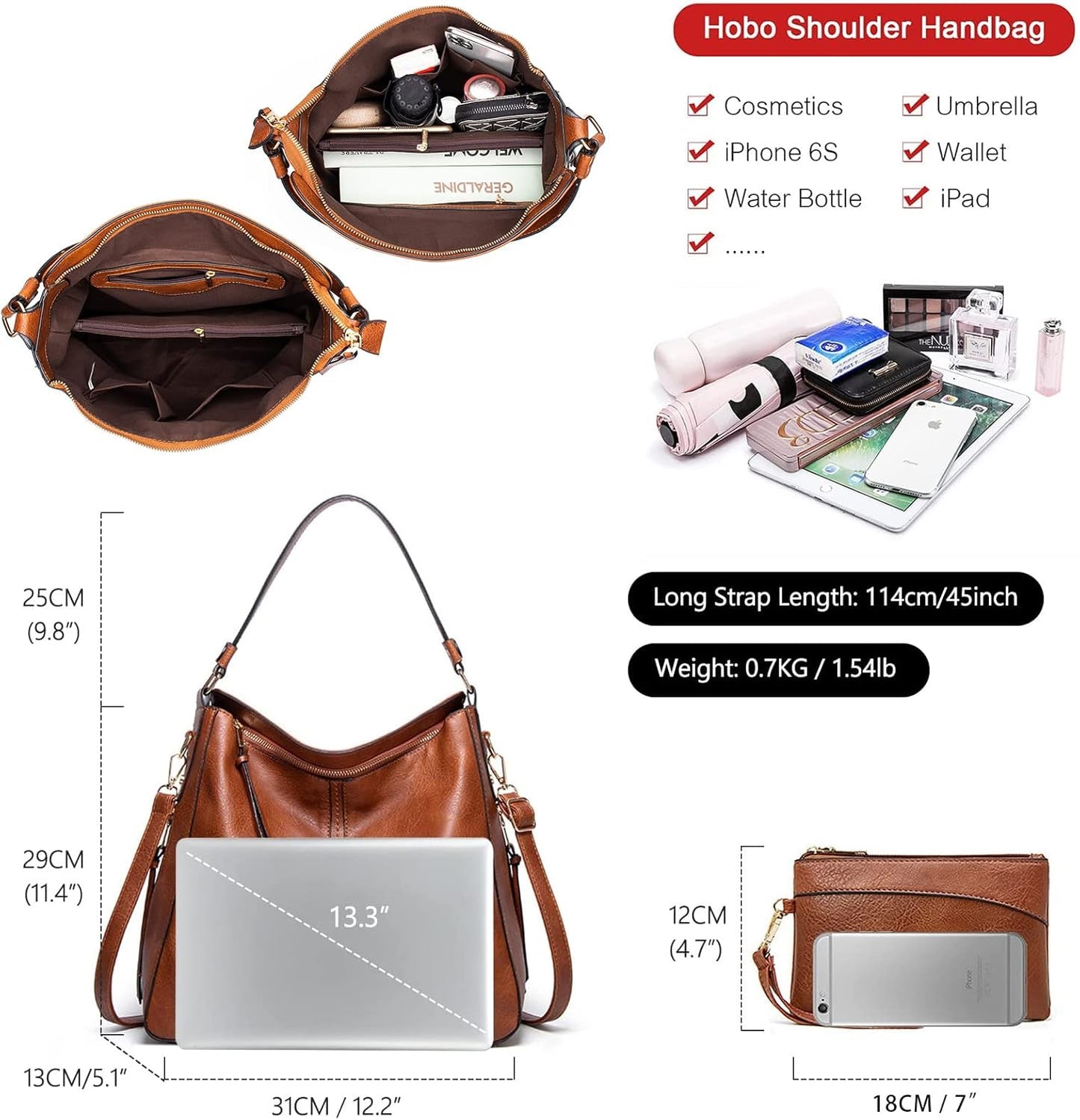 Hobo Bags for Women Handbags Purse Ladies Boho Shoulder Bag Crossbody Purses PU Leather Brown 2PCS