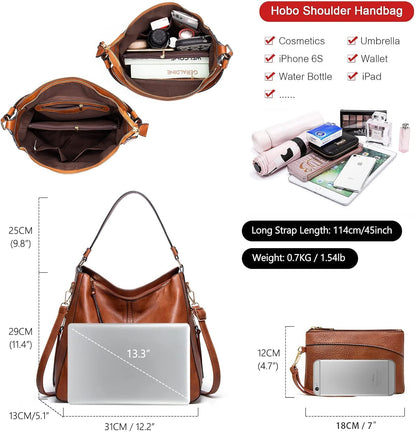 Hobo Bags for Women Handbags Purse Ladies Boho Shoulder Bag Crossbody Purses PU Leather Brown 2PCS