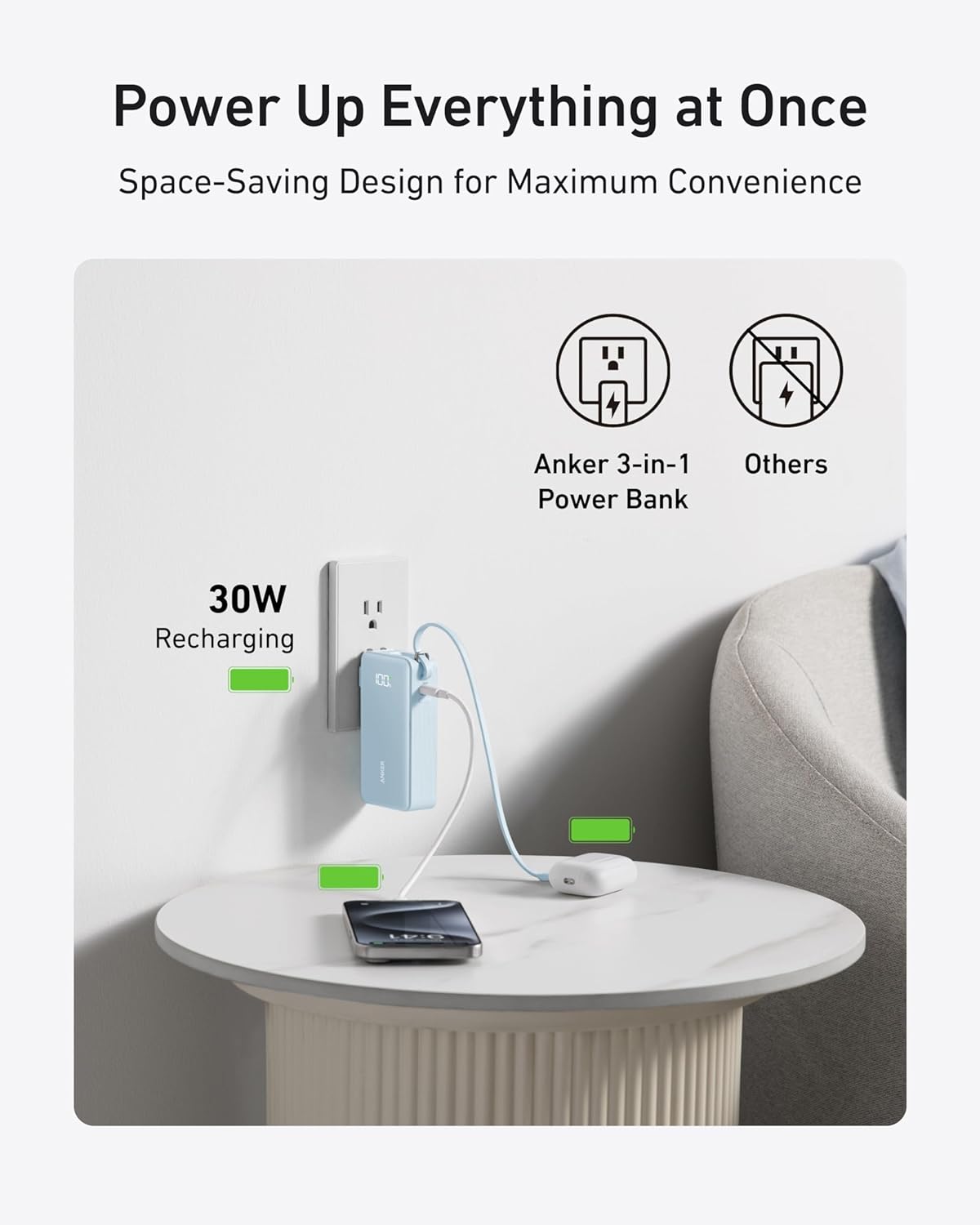 ANKER Nano 3-in-1 Power Bank, Foldable AC Plug, 10,000mAh, 30W Two-Way Fast Charging, Built-in Lightning Cable (Not for iPhone 16/15 Series), Compatible with iPhone 14 Series, AirPods, and More