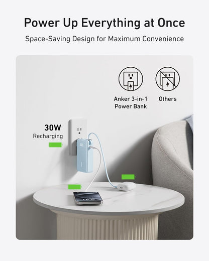 ANKER Nano 3-in-1 Power Bank, Foldable AC Plug, 10,000mAh, 30W Two-Way Fast Charging, Built-in Lightning Cable (Not for iPhone 16/15 Series), Compatible with iPhone 14 Series, AirPods, and More