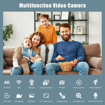 6K Camcorder Video Camera HD 64MP IR Night Vision Vlogging Camera for YouTube 18X Digital Zoom 4.0 Inch Touch Screen Video Camera with WiFi, Microphone, Stabilizer, Remote Control, 64GB SD Card