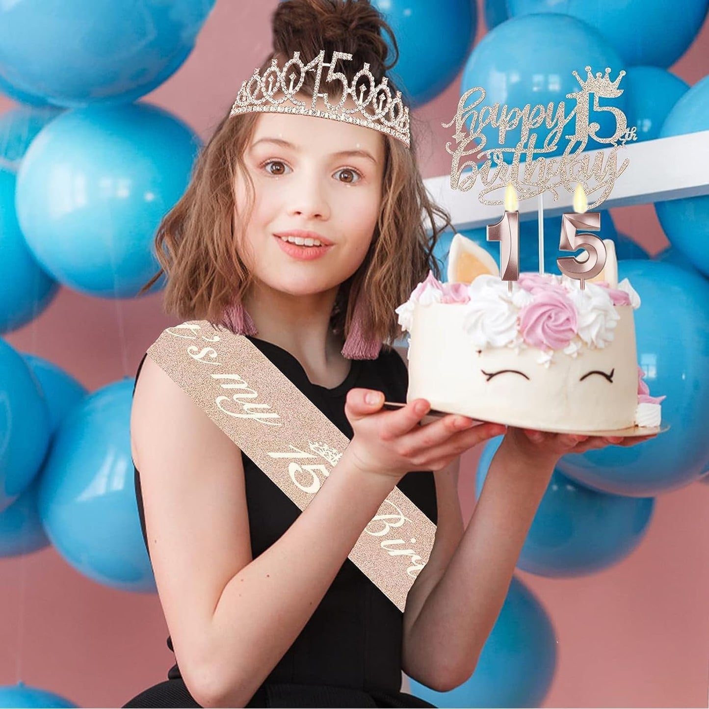 65th Birthday Decorations for Women, Including 65th Birthday Sash and Crown, Cake Topper and Candles, Number Balloons Rose Gold, 65 Year Old Gifts for Women