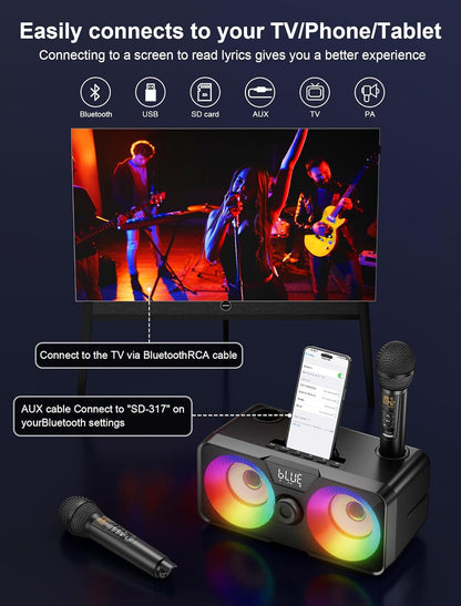 Karaoke Machine for Adults Kids with 2 UHF Wireless Microphones,Portable Bluetooth Singing PA Speaker System with LED Lights for Home Party,Outdoor/Indoor/Wedding,Church,Picnic,Birthday Gifts (SK1)