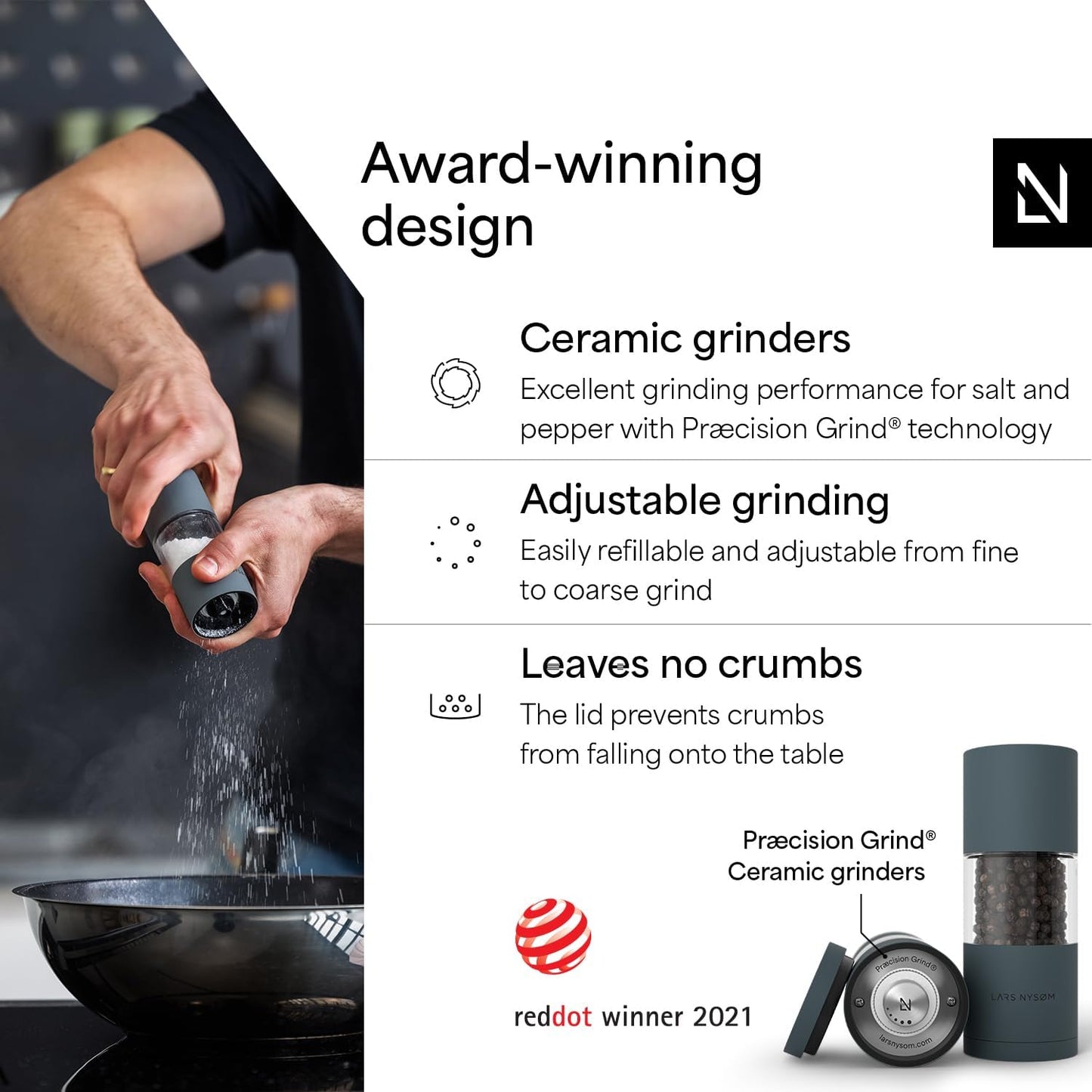 LARS NYSØM Salt and Pepper Grinder Set I Salt and Pepper Mills with Adjustable Ceramic Grinder 2 Pieces I Manual Design Spice Mill Set (Carbon Black)