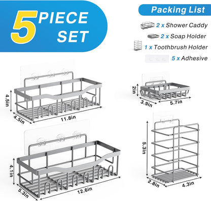 EUDELE 5-Pack Rustproof Stainless Steel Shower Caddy – No Drill Adhesive Bathroom Organizer with Large Capacity, Spacious Shower Shelves for Inside Shower, Kitchen & Home Decor Storage