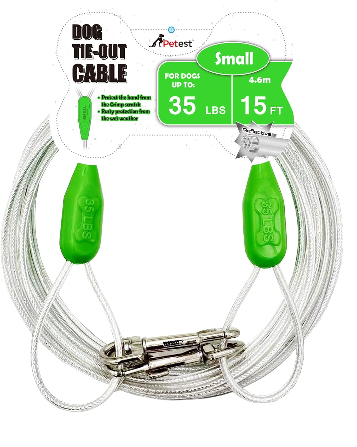 Petest 25ft Reflective Tie-Out Cable for Small Dogs Up to 35 Pounds